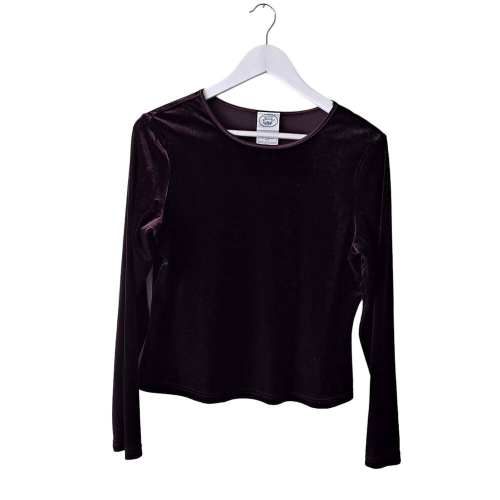 Laura Ashley Velvet Velour Top Long Sleeve Crew Neck Dark Plum Womens Size Large